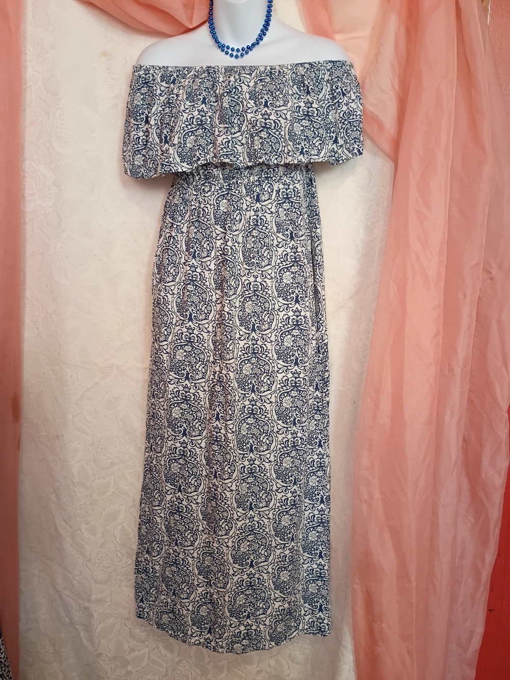 Yidaeton Ladies Off-Shoulder Blue & White Printed Maxi Dress Sz Sm